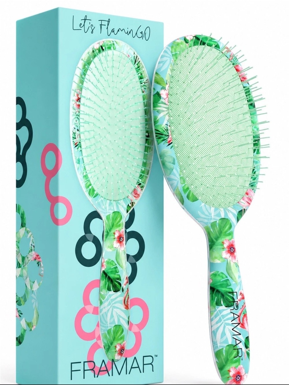 Framar Pink Tropical Lets Flamingo Detangle Wet Or Dry Paddle Hair Brush NWT